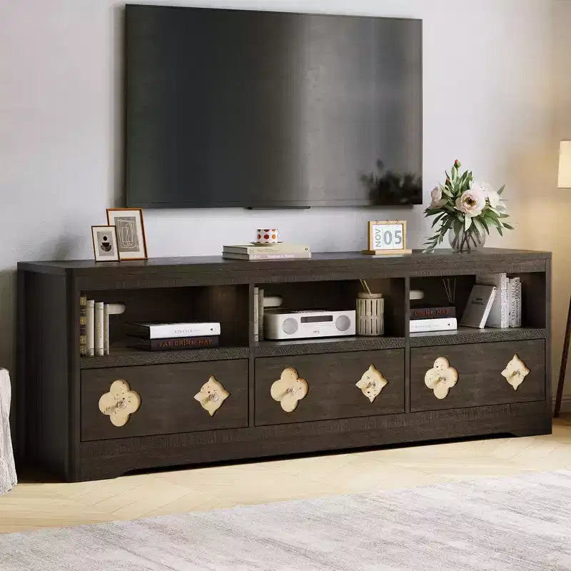 70 TV Stand for TVs Up to 85, Mid Century Modern Entertainment Center with Storage Engraving Drawer and Open Shelves, for Living Room, Bedroom