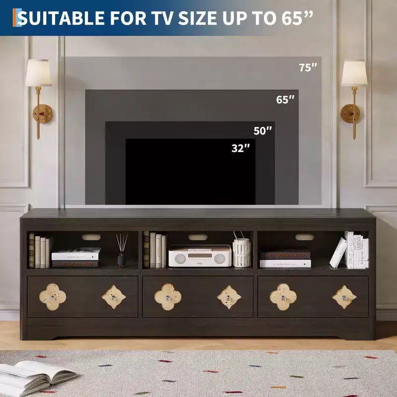 70 TV Stand for TVs Up to 85, Mid Century Modern Entertainment Center with Storage Engraving Drawer and Open Shelves, for Living Room, Bedroom