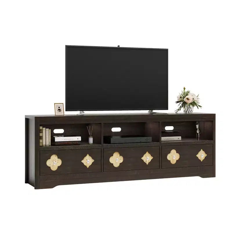 70 TV Stand for TVs Up to 85, Mid Century Modern Entertainment Center with Storage Engraving Drawer and Open Shelves, for Living Room, Bedroom