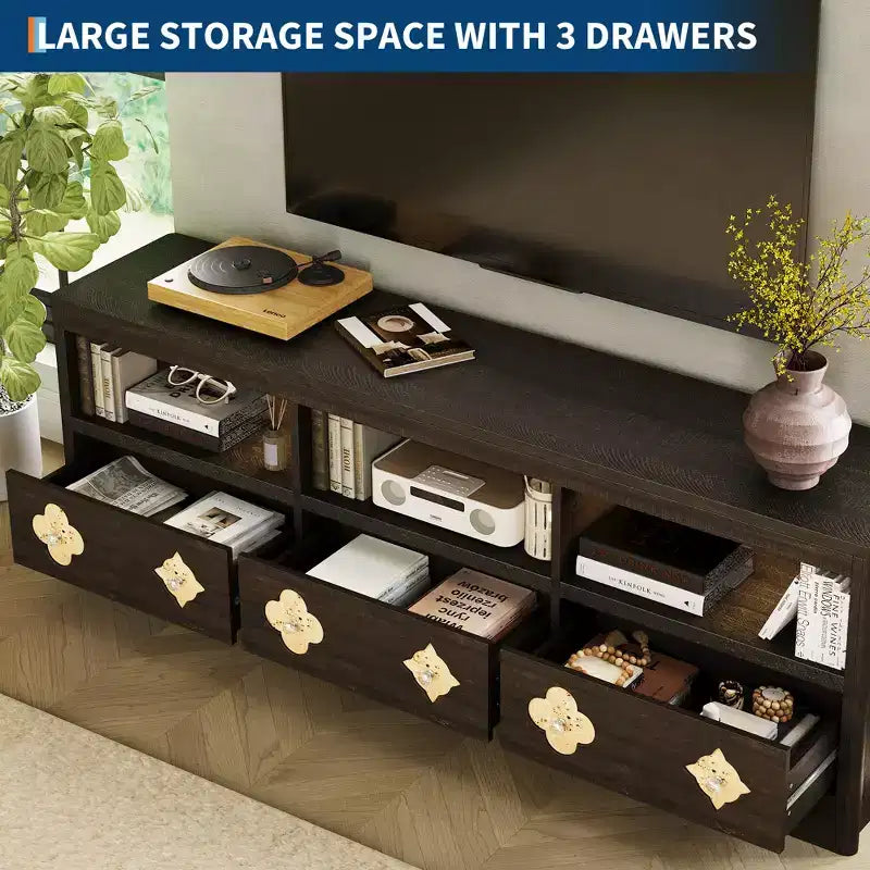 70 TV Stand for TVs Up to 85, Mid Century Modern Entertainment Center with Storage Engraving Drawer and Open Shelves, for Living Room, Bedroom