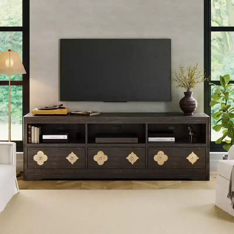 70 TV Stand for TVs Up to 85, Mid Century Modern Entertainment Center with Storage Engraving Drawer and Open Shelves, for Living Room, Bedroom