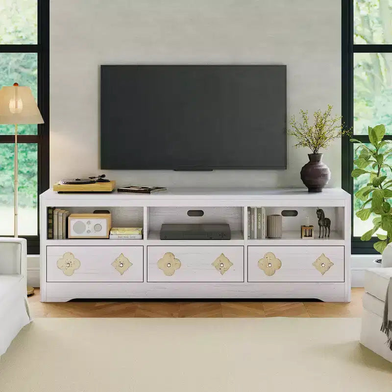 70 TV Stand for TVs Up to 85, Mid Century Modern Entertainment Center with Storage Engraving Drawer and Open Shelves, for Living Room, Bedroom