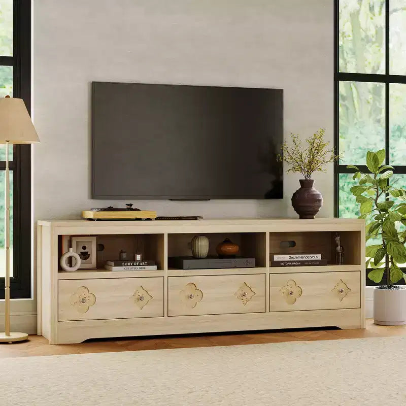 70 TV Stand for TVs Up to 85, Mid Century Modern Entertainment Center with Storage Engraving Drawer and Open Shelves, for Living Room, Bedroom