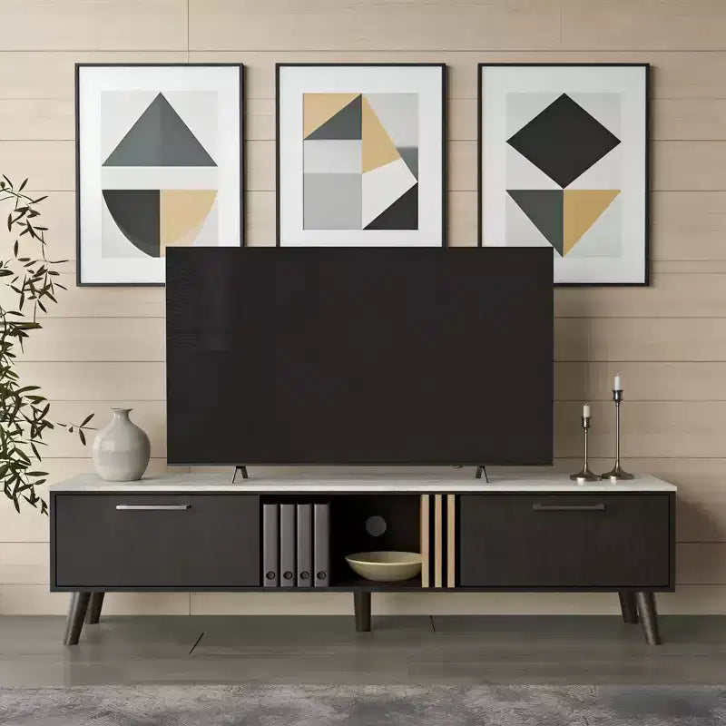 JVNOXK 63-inch Mid-Century Modern TV Console with two doors and open storage, accommodates TVs under 60 inches, for living rooms. Wenge