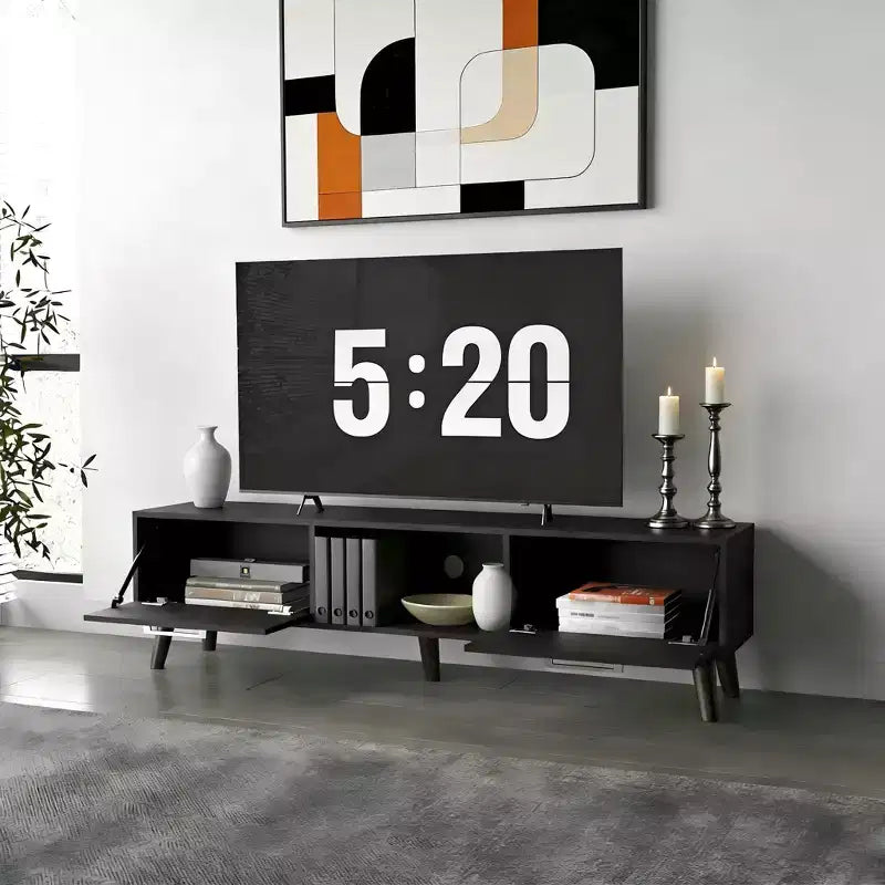 JVNOXK 63-inch Mid-Century Modern TV Console with two doors and open storage, accommodates TVs under 60 inches, for living rooms. Wenge