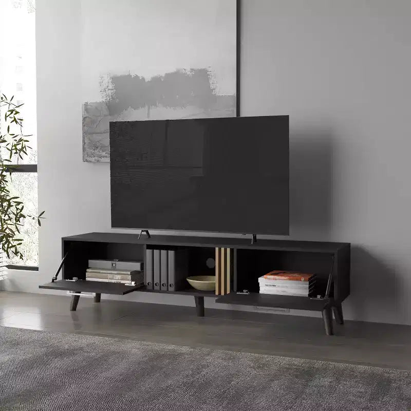 JVNOXK 63-inch Mid-Century Modern TV Console with two doors and open storage, accommodates TVs under 60 inches, for living rooms. Wenge