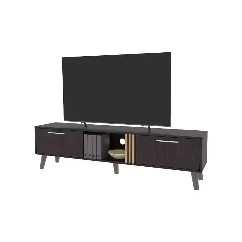 JVNOXK 63-inch Mid-Century Modern TV Console with two doors and open storage, accommodates TVs under 60 inches, for living rooms. Wenge