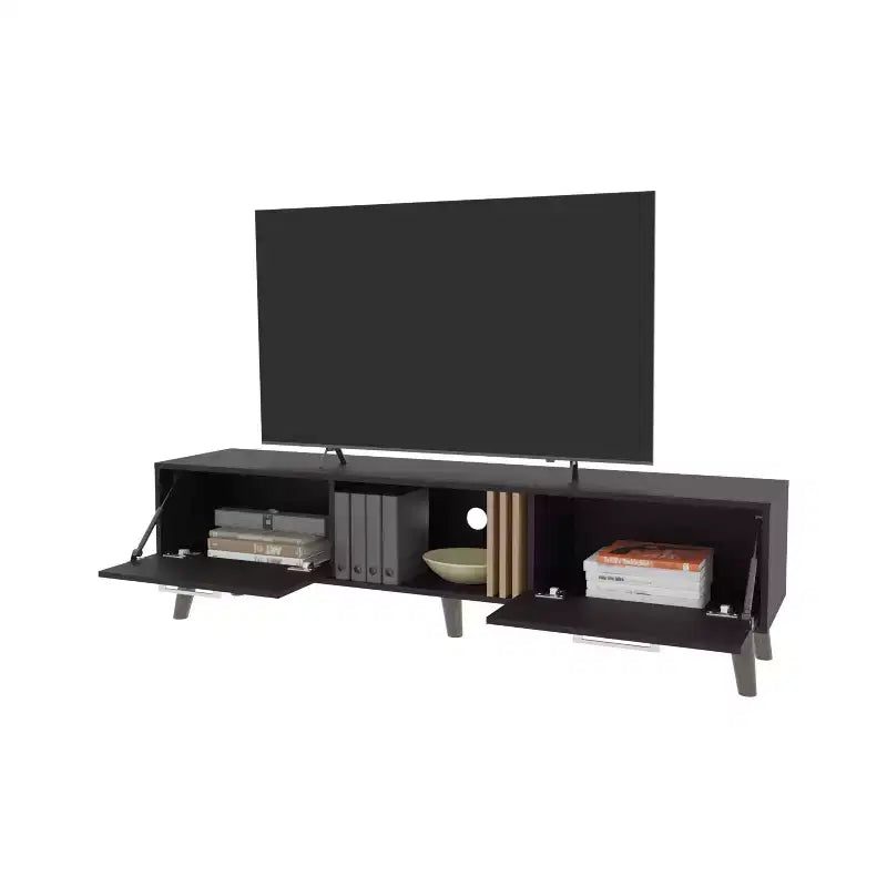 JVNOXK 63-inch Mid-Century Modern TV Console with two doors and open storage, accommodates TVs under 60 inches, for living rooms. Wenge
