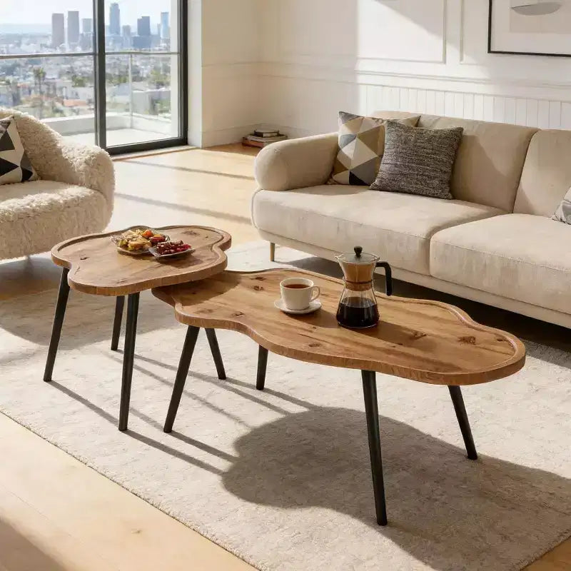 Lantine Nesting Coffee Table Set of 2, Solid Wood Stacking Accent Tables with Cloud Tabletop for Living Room, Bedroom, Small Space, Rustic Brown