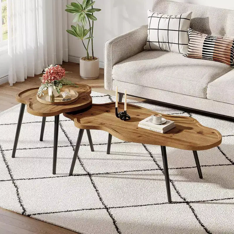 Lantine Nesting Coffee Table Set of 2, Solid Wood Stacking Accent Tables with Cloud Tabletop for Living Room, Bedroom, Small Space, Rustic Brown