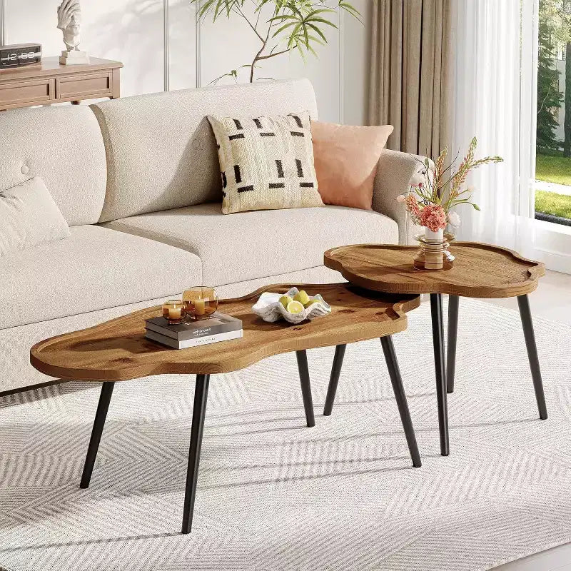 Lantine Nesting Coffee Table Set of 2, Solid Wood Stacking Accent Tables with Cloud Tabletop for Living Room, Bedroom, Small Space, Rustic Brown