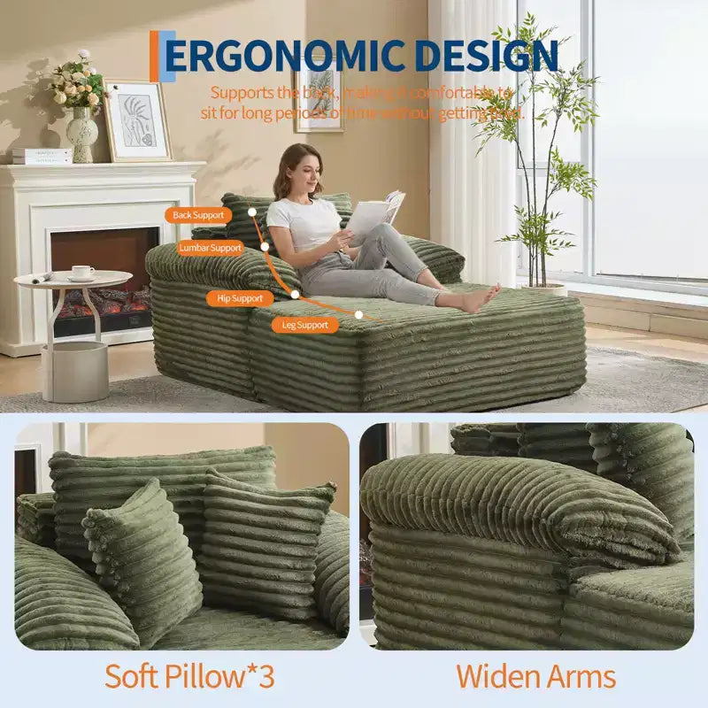 48.8''W Oversized Chaise Lounge Chair Sofa Bed, Corduroy Upholstered Boneless Sofa Bed with Pillows, Sleeper Sofa for Living Room, Bedroom