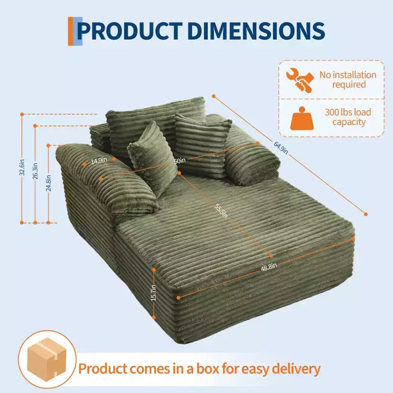 48.8''W Oversized Chaise Lounge Chair Sofa Bed, Corduroy Upholstered Boneless Sofa Bed with Pillows, Sleeper Sofa for Living Room, Bedroom