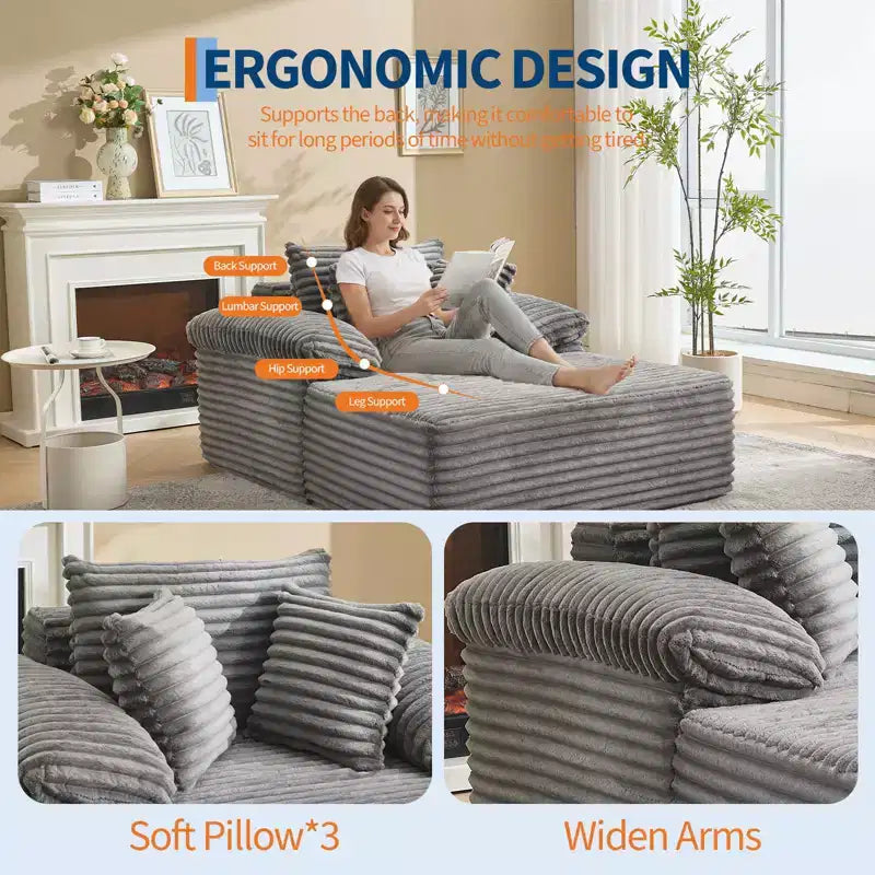48.8''W Oversized Chaise Lounge Chair Sofa Bed, Corduroy Upholstered Boneless Sofa Bed with Pillows, Sleeper Sofa for Living Room, Bedroom