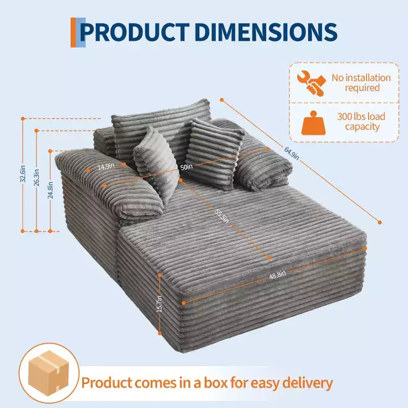 48.8''W Oversized Chaise Lounge Chair Sofa Bed, Corduroy Upholstered Boneless Sofa Bed with Pillows, Sleeper Sofa for Living Room, Bedroom