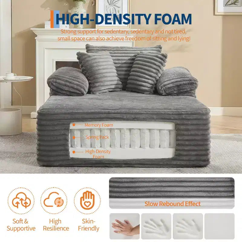 48.8''W Oversized Chaise Lounge Chair Sofa Bed, Corduroy Upholstered Boneless Sofa Bed with Pillows, Sleeper Sofa for Living Room, Bedroom