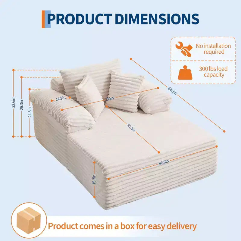 48.8''W Oversized Chaise Lounge Chair Sofa Bed, Corduroy Upholstered Boneless Sofa Bed with Pillows, Sleeper Sofa for Living Room, Bedroom