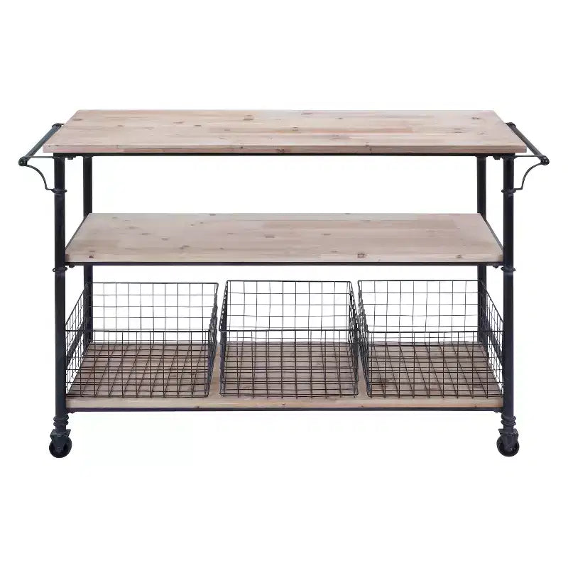 Metal and Wood Rolling Utility Cart Brown - Olivia & May: 3-Tier Storage, Basket Drawers, Indoor Use