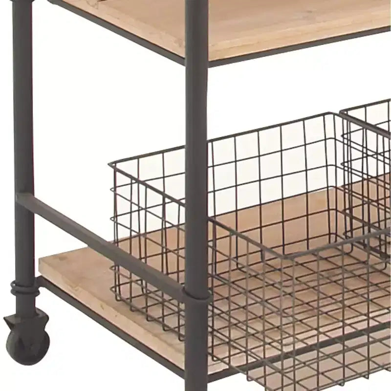 Metal and Wood Rolling Utility Cart Brown - Olivia & May: 3-Tier Storage, Basket Drawers, Indoor Use