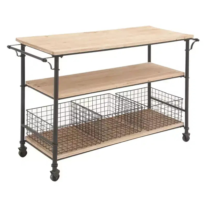 Metal and Wood Rolling Utility Cart Brown - Olivia & May: 3-Tier Storage, Basket Drawers, Indoor Use
