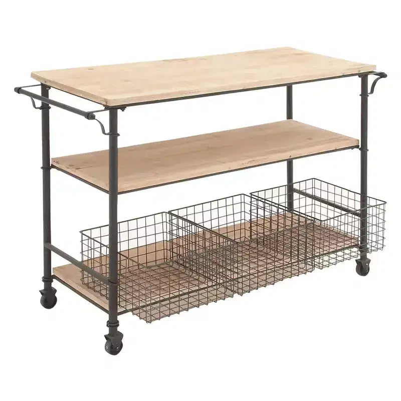 Metal and Wood Rolling Utility Cart Brown - Olivia & May: 3-Tier Storage, Basket Drawers, Indoor Use