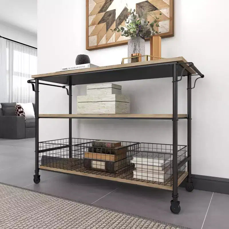 Metal and Wood Rolling Utility Cart Brown - Olivia & May: 3-Tier Storage, Basket Drawers, Indoor Use