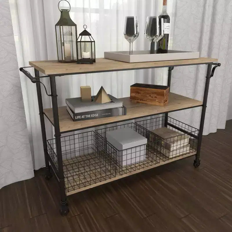 Metal and Wood Rolling Utility Cart Brown - Olivia & May: 3-Tier Storage, Basket Drawers, Indoor Use