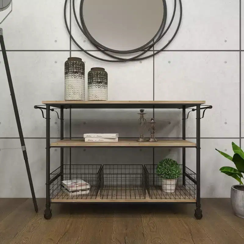 Metal and Wood Rolling Utility Cart Brown - Olivia & May: 3-Tier Storage, Basket Drawers, Indoor Use