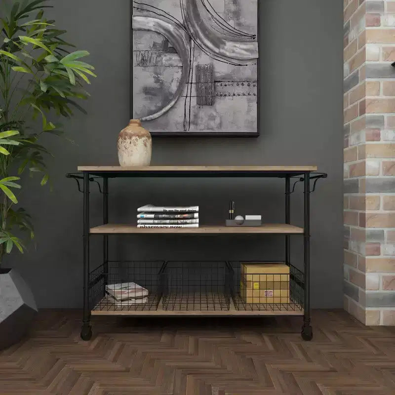 Metal and Wood Rolling Utility Cart Brown - Olivia & May: 3-Tier Storage, Basket Drawers, Indoor Use