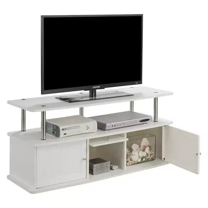 Designs2Go with 3 Cabinets TV Stand for TVs up to 60" White - Breighton Home: Mid-Century Modern Entertainment Center, Cable Management
