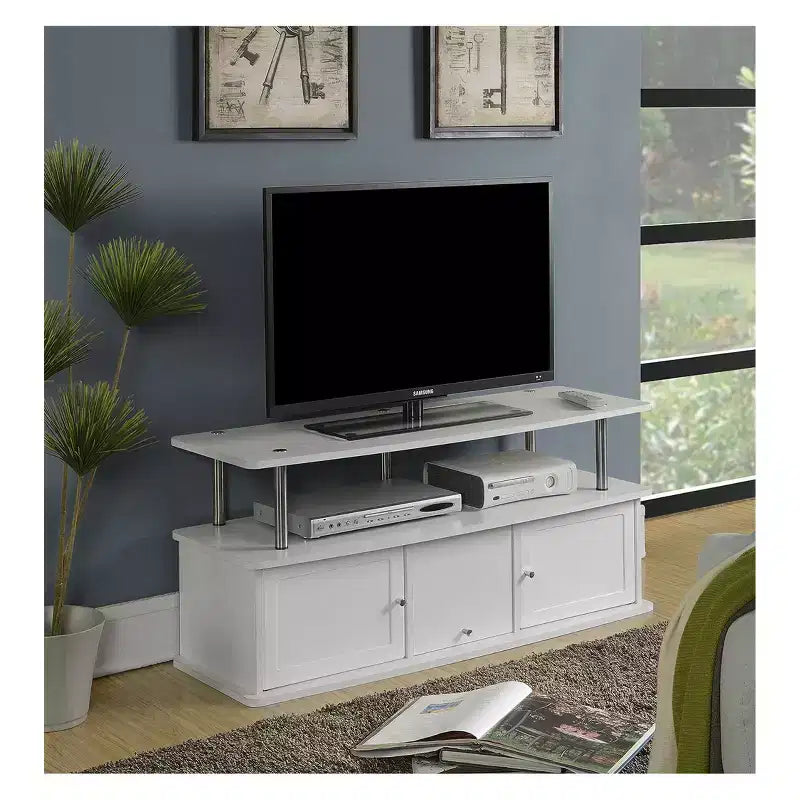 Designs2Go with 3 Cabinets TV Stand for TVs up to 60" White - Breighton Home: Mid-Century Modern Entertainment Center, Cable Management