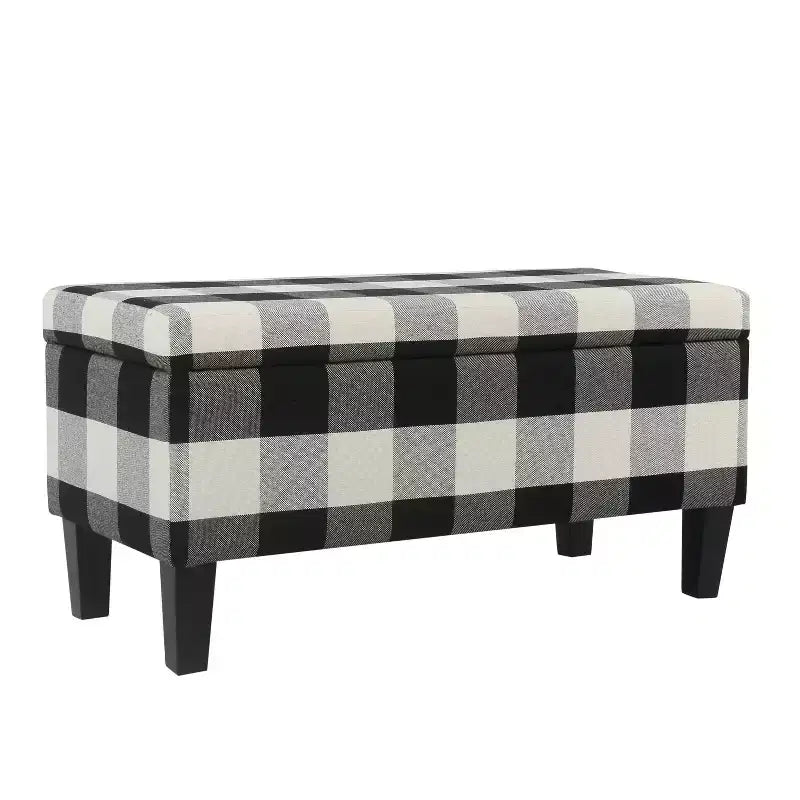 Large Decorative Storage Bench Black Plaid - HomePop: Upholstered Ottoman for Bedroom & Entryway