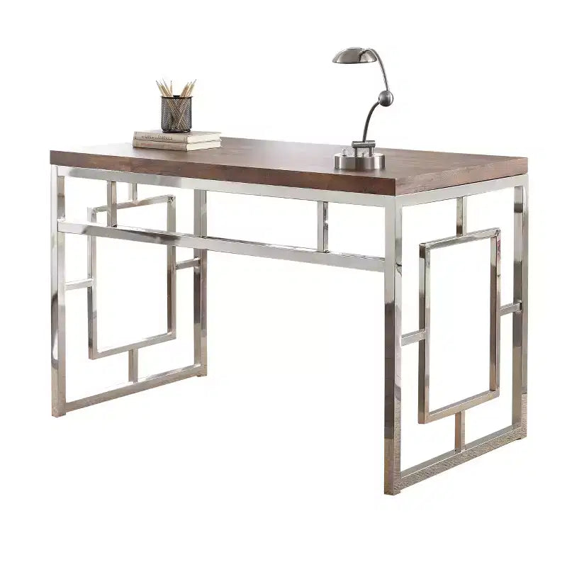 Steve Silver Co. Alize Chrome Writing Desk Natural: Modern Office Furniture with Hutch Storage, Wood Veneer Surface
